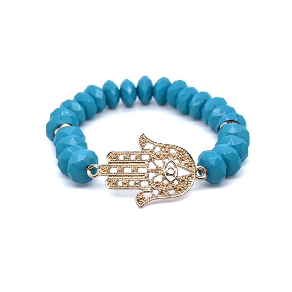 Turquoise Beaded‎ Hamsa Charm Bracelet - Gold Accent (d)